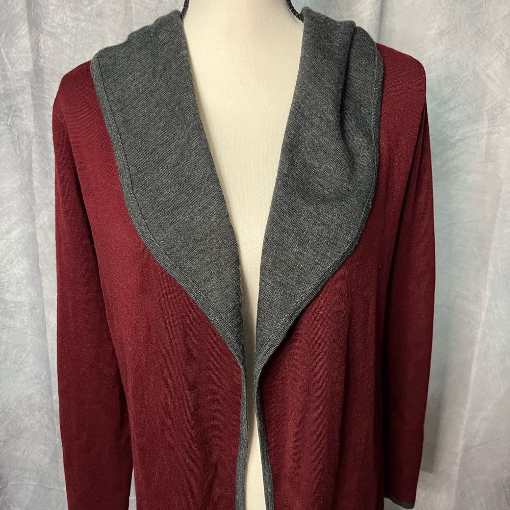 BNCI by Blanc Noir Burgundy and Gray Hooded Open Front Cardigan with Pockets - M - Picture 2 of 10